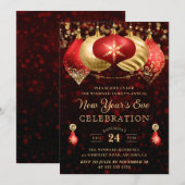 Invitation Boules de Noël élégantes rouges et dorées Nouvel A (Devant / Derrière)