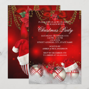 Invitation Boules de Noël en or rouge Chapeau de Père Noël Fê