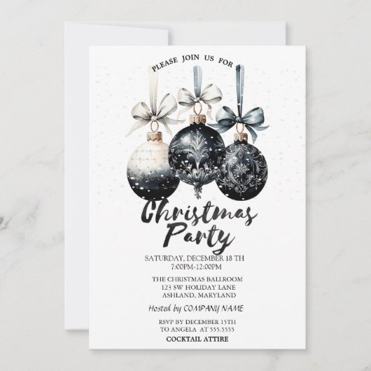 Invitation Boules de Noël, Fête de Noël enneigée (Devant)