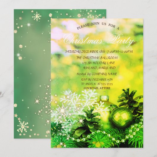 Invitation Boules de Noël Flocon de neige Cônes de pin Verts (Devant / Derrière)