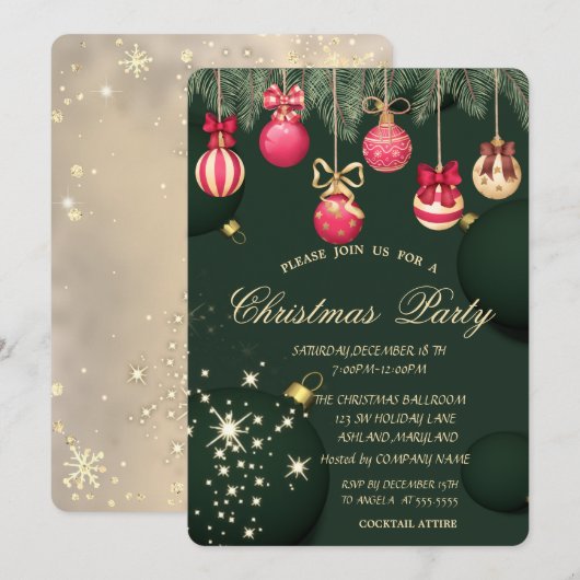 Invitation Boules de Noël Flocons de Neige Noël Vert (Devant / Derrière)
