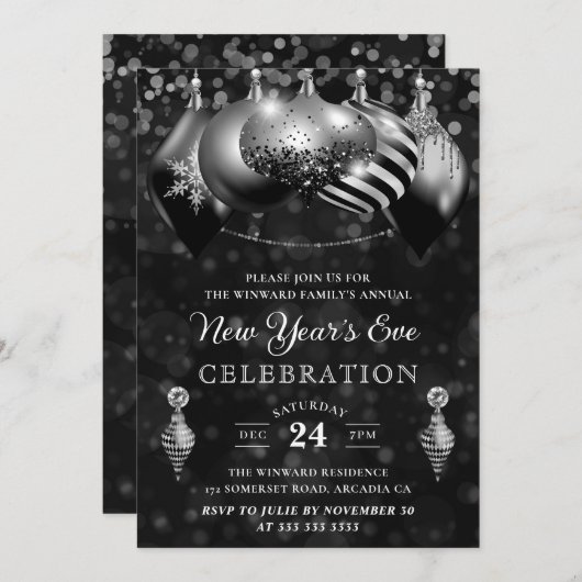 Invitation Boules de Noël noir et argent Nouvel An (Devant / Derrière)