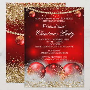 Invitation Boules de Noël Or Rouge Fête de Friendsmas