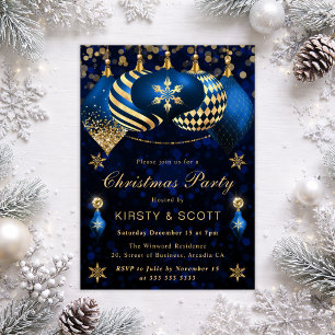 Invitation Boules de Noël Pailletées Bleu et Or Fête de Noël