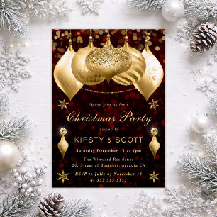 Invitation Boules de Noël Pailletées Rouge et Or Fête de Noël