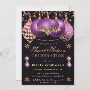 Invitation Boules de Noël Pailletées Violet et Or Sweet Sixte