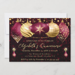 Invitation Boules de Noël Rouge et Or Quinceanera