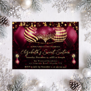 Invitation Boules de Noël Rouges et Dorées pour un Sweet 16