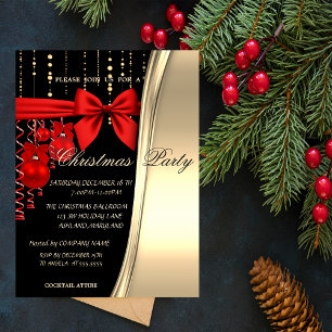 Invitation Boules de Noël, Rouges, Ruban, Fête Entreprise Or