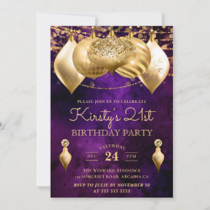 Invitation Boules de Noël Violet et Or 21ème Anniversaire