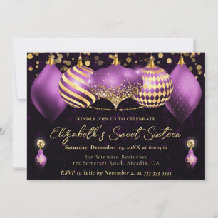 Invitation Boules de Noël Violettes et Dorées Sweet 16