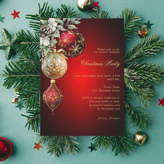 Invitation Boules d'or rouge employés affaires Noël fête