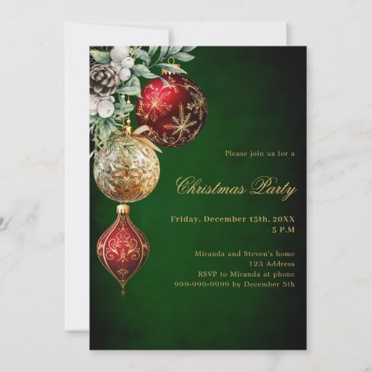 Invitation Boules d'or rouge vert Noël (Devant)