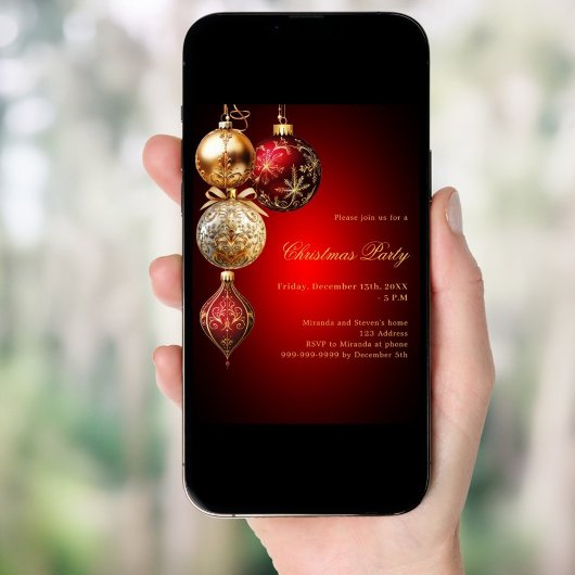 Invitation Boules en or rouge QR code Noël