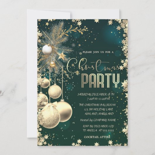 Invitation Boules étoiles branches dorées Société Noël vert (Devant)