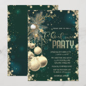 Invitation Boules étoiles branches dorées Société Noël vert (Devant / Derrière)