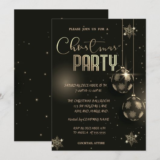 Invitation Boules Flocons de Neige Dorés Noël Entreprise (Devant / Derrière)