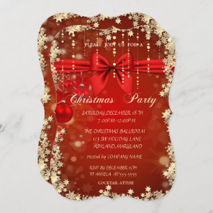 Invitation Boules rouges de Noël, Bow, Gold Corporated Party
