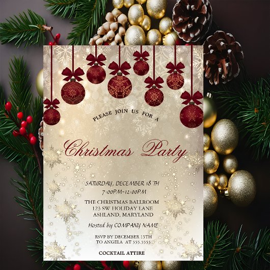 Invitation Boules rouges, flocons de neige dorés Noël