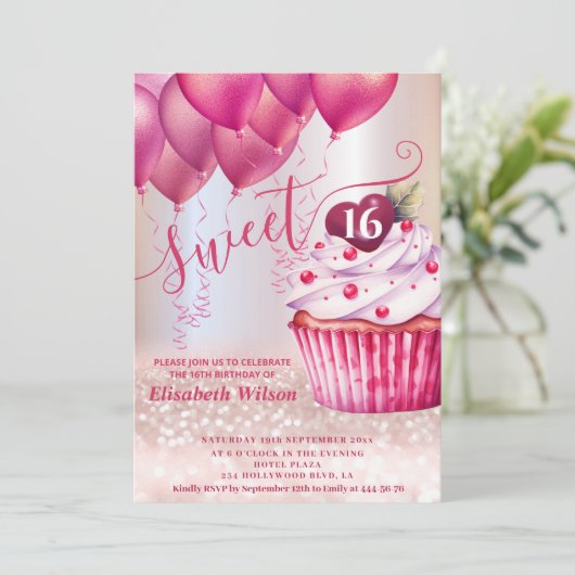 Invitation Boulon rose fille cupcake Rose or glittery (Debout devant)
