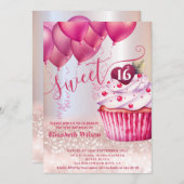 Invitation Boulon rose fille cupcake Rose or glittery (Devant / Derrière)