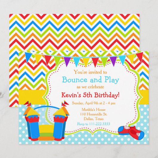 Invitation Bounce House Bouncy Castle Anniversaire bleu (Devant / Derrière)