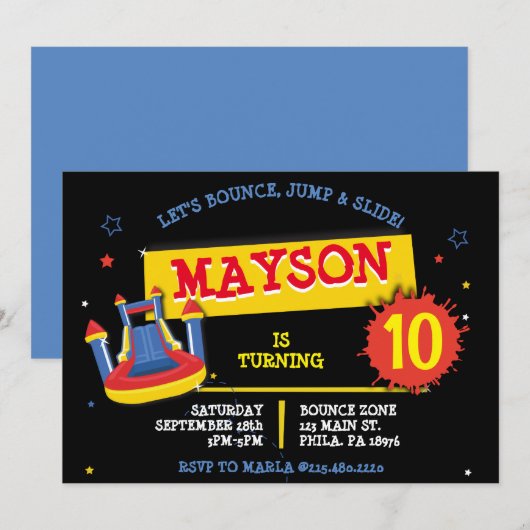 Invitation BOUNCE HOUSE SLIP and SLIDE Anniversaire (Devant / Derrière)