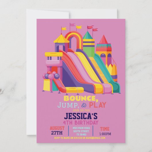 Invitation Bouncy Castle Anniversaire Fête Jump Bounce Rose G (Devant)