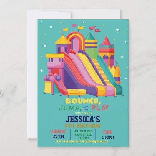 Invitation Bouncy Castle Anniversaire Jump Bounce Turquoise (Devant)