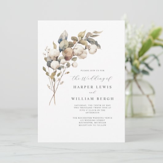 Invitation Bouqet aquarelle moderne coton qr code mariage (Debout devant)