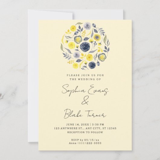 Invitation Bouquet Abstrait jaune et bleu Mariage jaune (Devant)