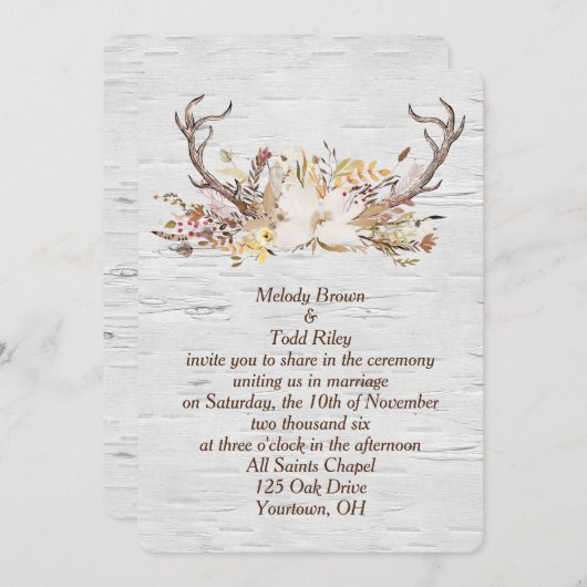Invitation Bouquet Antler Cerf d'automne sur Birch (Devant / Derrière)