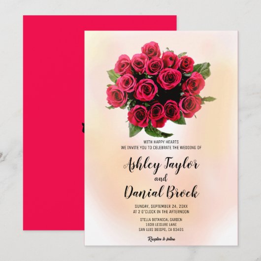 Invitation Bouquet aquarelle rouge rousse roses mariage flora (Devant / Derrière)