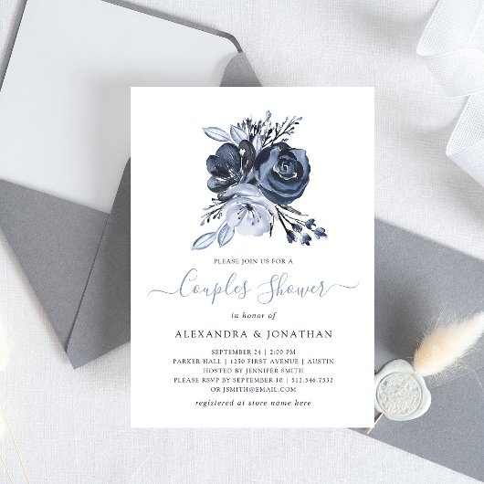 Invitation Bouquet bleu | Aquarelle Floral Couples Douche