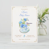 Invitation Bouquet bleu baby shower oiseau (Debout devant)
