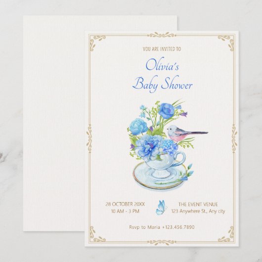Invitation Bouquet bleu baby shower oiseau (Devant / Derrière)