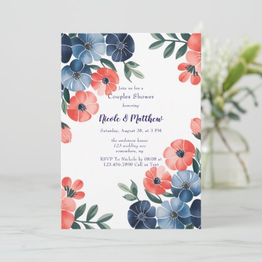 Invitation Bouquet bleu et corail Mariage Couples Douche (Debout devant)