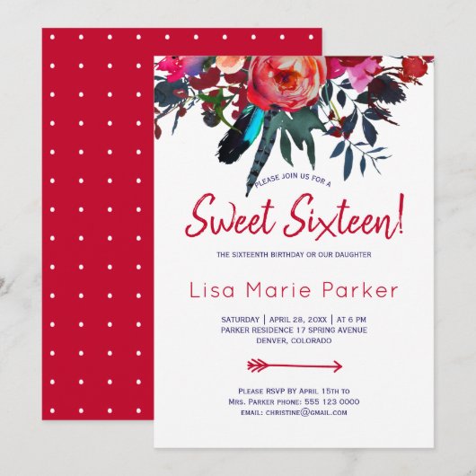 Invitation Bouquet bleu marine floral boho rouge bleu doux 16 (Devant / Derrière)