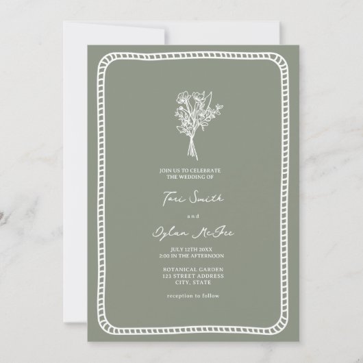 Invitation Bouquet Bordure Flush Sage Mariage vert (Devant)