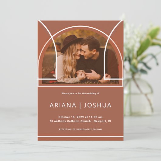 Invitation Bouquet botanique simple en terre cuite avec monog (Debout devant)