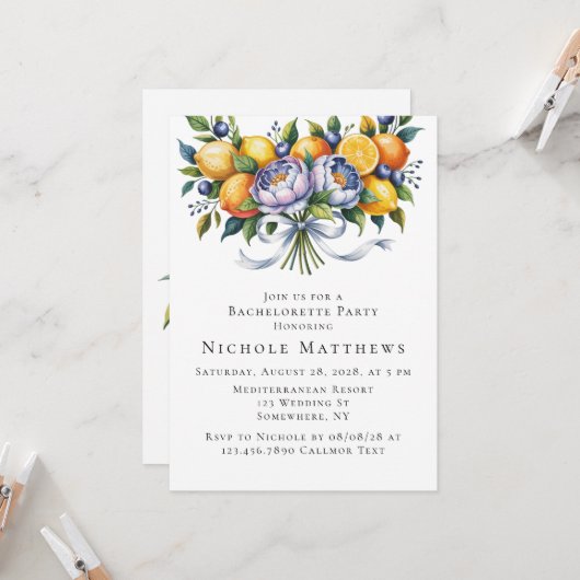 Invitation Bouquet Citrus Méditerranéen Bachelortie (Devant/Arrière en situation)