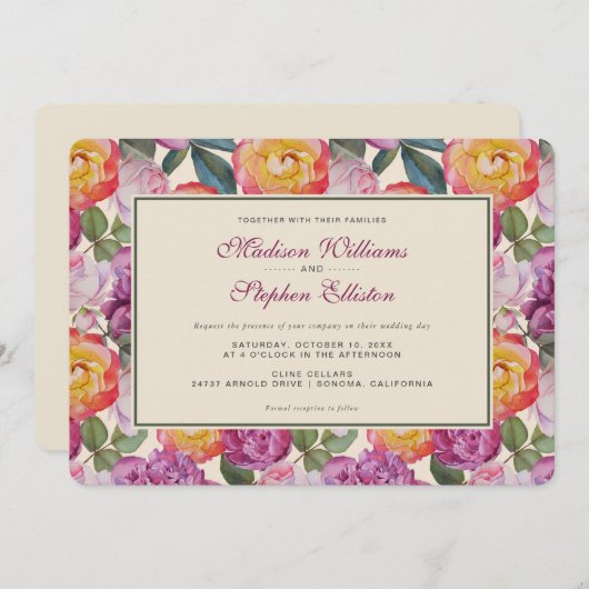 Invitation Bouquet coloré d'aquarelle florale - Mariage (Devant / Derrière)