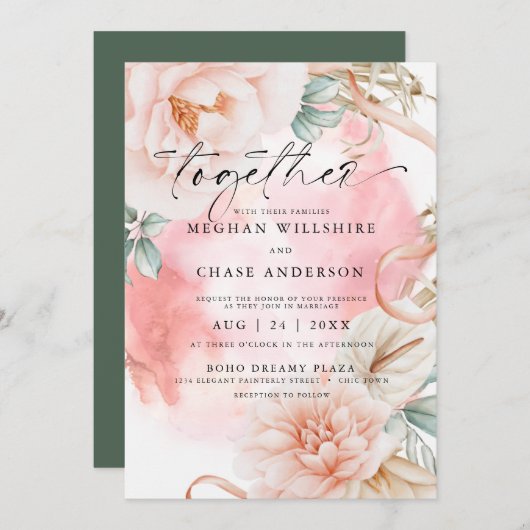 Invitation Bouquet d'aquarelle de Rose de corail (Devant / Derrière)