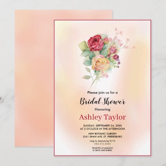 Invitation Bouquet d'aquarelle Fête des mariées fleurie rose (Devant / Derrière)