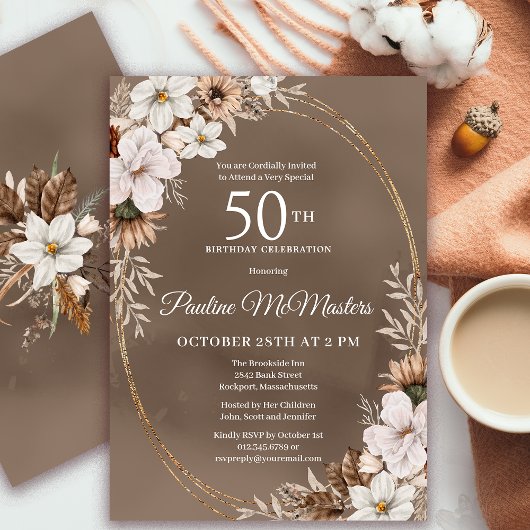 Invitation Bouquet d'automne Neutre Floral Blanc 50e annivers