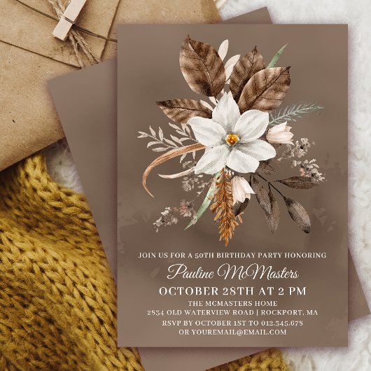 Invitation Bouquet d'automne Neutre Floral Blanc 50e annivers