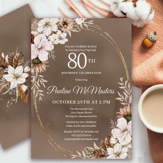 Invitation Bouquet d'automne Neutre Floral Blanc 80e annivers