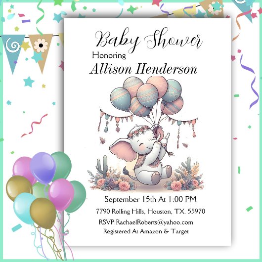 Invitation Bouquet De Balloon Et Baby shower D'Éléphant Adora