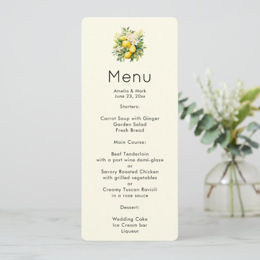 Invitation Bouquet de citron avec menu de fleurs blanches (Debout devant)