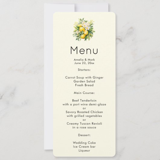 Invitation Bouquet de citron avec menu de fleurs blanches (Devant)